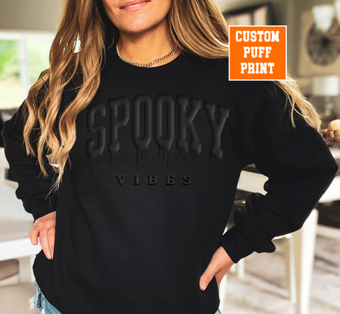 Spooky Vibes Puff Print Halloween Sweatshirt Crewnecked, Embossed Print shirt, Puff Design Raised Lettering, raised letters, Giftful