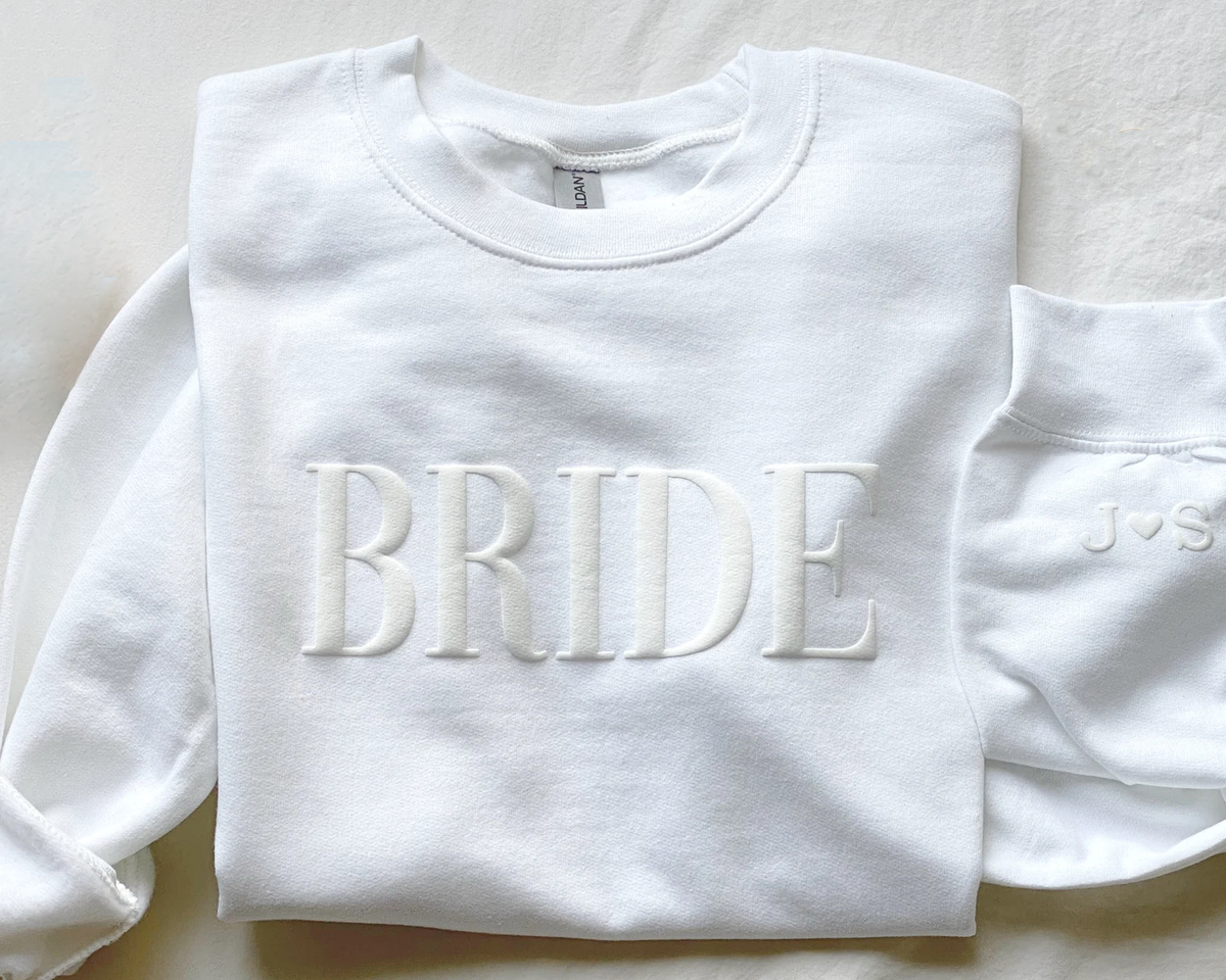 Bride Sweatshirt, Puffed Personalized Gift For Bride,  Initial Heart Sleeve, Engagement Gift, Unique Bridal Shower Gift