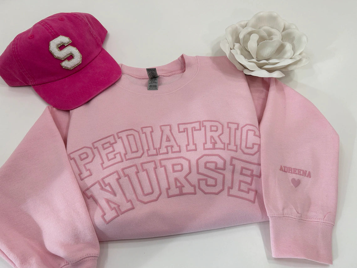 Embossed Registered Nurse UNISEX Sweatshirt - Puff Custom Nurse Sweater With Personalized Name on Sleeve - Nurse Gift